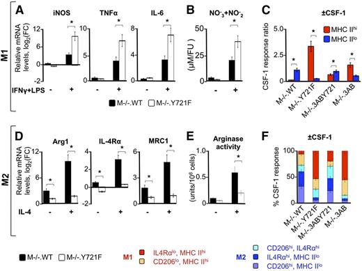 Figure 3. CSF-1R pTyr-721 signaling suppresses M1 responses and enhances M2 responses. (A) qRT-PCR results showing the enhancement by pTyr-721 signaling of the IFN-γ and LPS stimulation of iNOS, TNF-α, and IL-6 gene transcripts in cells stimulated with CSF-1. Cells were either starved for CSF-1 overnight, or constitutively grown in CSF-1 (120 ng/mL), then treated with either IFN-γ and LPS (+) or vehicle (−) for 18 hours. HPRT gene expression levels were used as endogenous control. mRNA levels are expressed as the log2 fold-change relative to CSF-1–starved cells. (B) Nitrate/nitrite levels in cell lysates from equivalent cultures. (C) Relative CSF-1–induced surface expression of the M1 polarization marker MHC II on CD11b+ cells, determined by flow cytometry in CSF-1–treated (18 hours, +CSF-1) vs CSF-1–starved (−CSF-1) cells and expressed as a ratio of the +CSF-1 to −CSF-1 responses. (D) qRT-PCR results showing the enhancement by pTyr-721 signaling of the IL-4–stimulated expression of arginase-1, IL-4Rα, and mannose receptor-1 (MRC1) transcripts. Experiments were carried out as described in panel A. (E) Total arginase 1 activity of supernatants of equivalent cultures. (F) Stacked bar chart showing relative contribution of combined sets of macrophage M2 (CD206 and IL-4Rα) and M1 (MHC II) cell surface–specific polarization markers in CSF-1–treated cells. The relative CSF-1 response ratio for each set of cell surface markers was calculated as in panel C and expressed as a percentage for each cell line. Data are representative of 3 independent experiments (error bars, ±standard deviation (SD); *P ≤ .05).