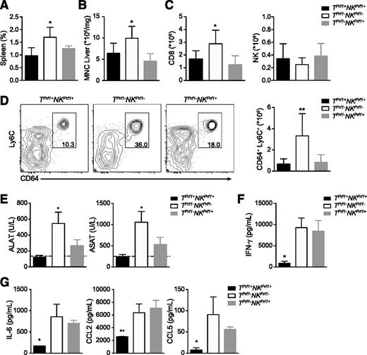 Figure 2. Presence of NK-cell cytotoxic activity reduces biological features of HLH-like syndrome. Rag2−/− Il2rg−/− and Rag2−/− mice were reconstituted with BM from Prf1−/− and control B6 donors. After 8 weeks, TPrf1−NKPrf1− (open bars), TPrf1−NKPrf1+ (gray bars), and TPrf1+NKPrf1+ mice (black bars) were infected with 200 PFU of LCMV-WE. (A) Spleen size expressed as percentage of body weight on day 14 postinfection. (B) Mononuclear cell (MNC) infiltration in liver on day 14 postinfection. (C) Absolute numbers of CD8+ and NK1.1+ in liver. (D) FACS analysis of MNC from liver gated on CD3− CD19− NK1.1− (left panel). Quantification of absolute numbers of CD64+ Ly6C+ in liver on day 14 postinfection. (E) Serum alanine and aspartate aminotransferase (alanine aminotransferase and aspartate aminotransferase, respectively) levels in infected mice were analyzed on day 14 postinfection. (F) Serum IFN-γ on day 8 postinfection. (G) Serum IL-6 (left panel), CCL2 (middle panel), and CCL5 levels (right panel) on day 14 postinfection. Data (mean ± SEM) are representative of 3 to 4 independent experiments with at least 3 mice in each group. Dotted lines represent minimal normal values for control mice. Statistical analysis was performed using 1-way ANOVA or Student t test. *P < .05; **P < .01.