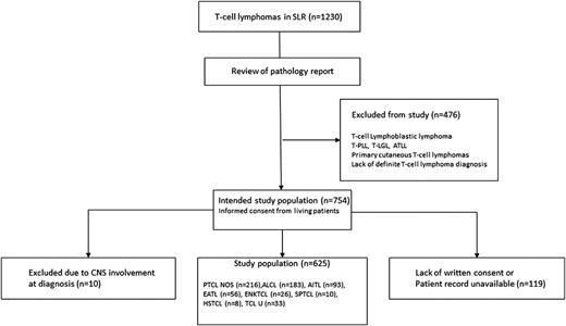 Figure 1. Patient cohort selection. AITL, angioimmunoblastic T-cell lymphoma; ALCL, anaplastic large cell lymphoma; ATLL, adult T-cell leukemia/lymphoma; EATL, enteropathy-associated T-cell lymphoma; ENKTCL, extranodal NK/T-cell lymphoma, nasal type; HSTCL, hepatosplenic T-cell lymphoma; PTCL NOS, peripheral T-cell lymphoma not otherwise specified; SPTCL, subcutaneous panniculitis-like T-cell lymphoma; TCL U, T-cell lymphoma unspecified; T-LGL, T-cell large granular lymphocytic leukemia; T-PLL, T-cell prolymphocytic leukemia.
