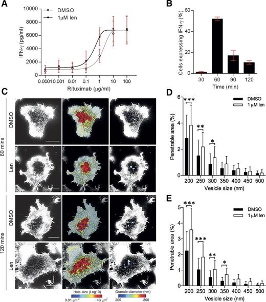 Figure 6. Lenalidomide treatment increases NK-cell activation through rituximab. (A) pNK cells were treated with DMSO or 1.0 µM lenalidomide (+150 U/mL IL-2) for 24 hours in wells coated with 0.0001 to 100 µg/mL rituximab. IFN-γ release was measured by ELISA. Data shows mean ± SD from 3 donors. Nonlinear regression fit was applied to data. EC50 values calculated to be: 1.6 µg/mL without lenalidomide and 0.4 µg/mL with lenalidomide. (B) Proportion of DMSO-treated cells expressing IFN-γ after stimulation on rituximab-coated surfaces in the presence of DMSO or 1 µM lenalidomide for 30 to 120 minutes. Graph shows mean ± SD, n > 200 from 3 donors. (C) Superresolution images obtained by STED microscopy of membrane proximal F-actin in pNK cells incubated for 60 or 120 minutes on coverslips coated with rituximab (10 µg/mL) in the presence of DMSO or 1.0 µM lenalidomide (+150 U/mL IL-2). Scale bars, 5 µm. Second column: Holes between actin filaments shown as heat maps, with the smallest holes shown in blue (0.01 µm2) and largest holes shown in red (>3 µm2). Third column: Regions are shown through which a particle (such as an IFN-γ vesicle) of diameter 200 nm (blue) to 800 nm (red) could fit. (D) Proportion of the synapse area predicted to be penetrable by a vesicle of 200- to 500-nm diameter for cells stimulated on 10 µg/mL rituximab for 60 minutes. (E) Proportion of the synapse area predicted to be penetrable by a vesicle of 200- to 500-nm diameter for cells stimulated on 10 µg/mL rituximab for 120 minutes. Graph shows mean ± SD, n = 45 from 3 donors. *P < .05, **P < .01, ***P < .001, 1-way ANOVA with Tukey posttest.