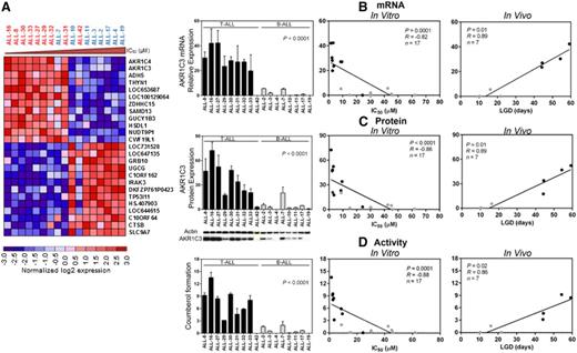 Figure 3. PR-104A sensitivity correlated with AKR1C3 mRNA, protein, and enzymatic activity. (A) A total of 17 ALL xenografts (T-ALL, n = 9; BCP-ALL, n = 8) were profiled on Illumina Human Ref 12 Beadchip arrays, and the top 25 differentially expressed genes between PR-104A–resistant and –sensitive xenografts; genes were ordered based on the P value. Red shows relative upregulation and blue shows relative downregulation. T-ALLs are shown in red and BCP-ALLs in blue. (B) mRNA expression of AKR1C3 by RT-qPCR in the panel of xenografts, and correlated with in vitro IC50 and in vivo LGD. (C) Protein lysates were extracted from T-ALL and BCP-ALL xenografts and AKR1C3 was probed by western blot, quantified, and correlated with IC50 and LGD. A representative immunoblot is shown; for all immunoblots, see supplemental Figure 3. (D) Through a SN34037-sensitive coumberone reduction, AKR1C3 enzymatic activity can be measured by the fluorescent product coumberol. Coumberol formation was measured in vitro in T-ALL and BCP-ALL xenografts, and correlated with in vitro IC50 and in vivo LGD.