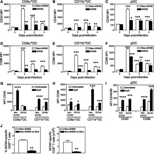 Figure 4. DCs are not efficiently activated by MCMV or TLR ligands during acute GVHD. BALB/c (non-GVHD) and DBA/2 (GVHD) were transplanted with BALB/c BM (5 × 106) and CD3+ T (2.5 × 106) cells. Four weeks after transplantation, mice were either infected with 5 × 103 pfu MCMV (A-F) or administered 100 mM CpG IP (G-I) and the mean fluorescence of CD40 and CD86 expression on DC subsets was determined. (A,D) Data for splenic CD8α+ DC; (B,E) Data for splenic CD11b+ DCs; (C,F) data for splenic pDCs. Spleen cells were collected 48 hours after CpG administration and the mean fluorescence of CD40 (G) and CD86 (H) expression was determined for CD8α+ and CD11b+ DCs. (I) The mean fluorescence of CD40 and CD86 expression on pDCs. Changes between the untreated and CpG-treated groups were tested for significance. (J) B6.Ptprca mice were transplanted with B6.CD11c.DOG BM cells (5 × 106) and T cells (2 × 106), and 4 weeks later they were infected with 5 × 103 pfu MCMV. CD11c.DOG chimeric mice were treated with saline (non-GVHD) or diphtheria toxin on days −2, −1, 1, and 3 to ablate DCs (non-GVHD no DCs). The frequency and number of MCMV-specific CD8+ T cells detected with an m45-specific tetramer are shown. (A-F) 3 to 5 mice per group; (G-I) 4 mice per group; (J) 6 mice per group. *P = .01-.05; **P = .001-.01; ***P = .0001-.001; ****P < .0001.