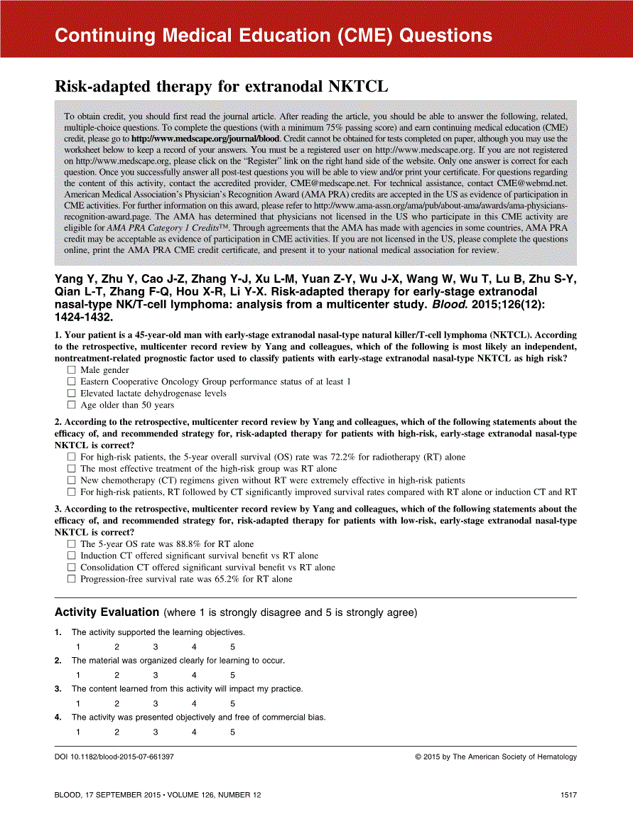 First page of Risk-adapted therapy for extranodal NKTCL