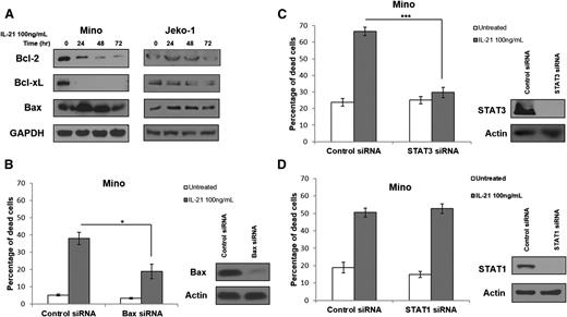 Figure 4. IL-21 induces cell death via STAT3 and modulation of expression of Bcl-2 family genes but is independent of STAT1. (A) Immunoblotting for Bcl-2 family genes in IL-21–responsive (Mino) and resistant (Jeko-1) MCL cell lines following treatment with IL-21 at indicated time points. (B-D) Mino cells were first transfected with siRNA targeting STAT3 (B), Bax (C), and STAT1 (D), or control siRNA followed by treatment with IL-21 (100 ng/mL) at 24 hours after transfection. (B-D) Indicate cell death analyzed by YO-PRO/PI staining at 48 hours posttreatment. Immunoblotting for STAT3, Bax, and STAT1 was carried out at 24 hours posttransfection to confirm protein knockdown (B-D). Actin and GAPDH served as a loading control. Data are representative of 3 independent experiments. Error bars represent SD between 3 experiments. *P < .05; ***P < .005.