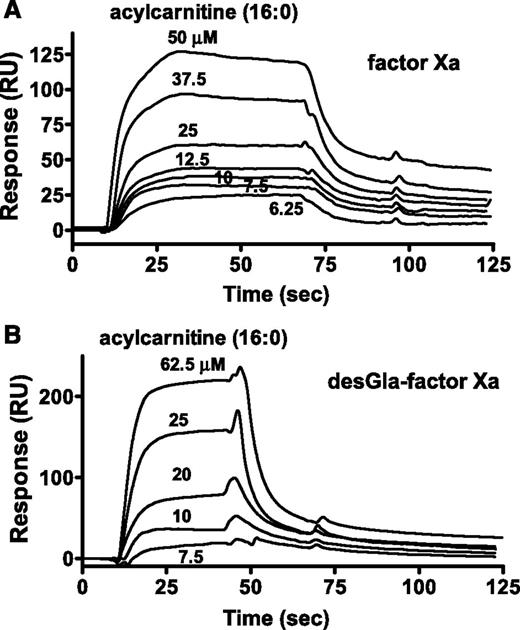 Figure 4. The binding of 16:0 AC to factor Xa was determined. SPR was used to monitor binding of 16:0-AC to BEGR-factor Xa and BEGR-DG-factor Xa. (A) Sensorgram depicting the dose-dependent binding of 16:0-AC (from top to bottom; 50, 37.5, 25, 12.5, 10, 7.5, and 6.25 µM) to BEGR-factor Xa. (B) Sensorgram depicting the dose-dependent binding of 16:0-AC (from top to bottom; 62.5, 25, 20, 10, and 7.5 µM) to BEGR-DG-factor Xa. PCPS vesicles exhibited binding to BEGR-factor Xa, but not to BEGR-DG-factor Xa, indicating the proper coupling of the biotinylated proteins (data not shown).