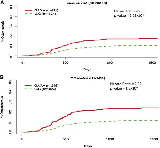 Figure 1. Cumulative incidence of osteonecrosis by rs10989692 genotype in COG AALL0232. The cumulative incidence of osteonecrosis was higher in those carrying the A allele at rs10989692 (5′ of GRIN3A) in COG AALL0232 (A) in all ancestry groups combined, adjusting for ancestry (n = 2285), and (B) among whites only (n = 1268).