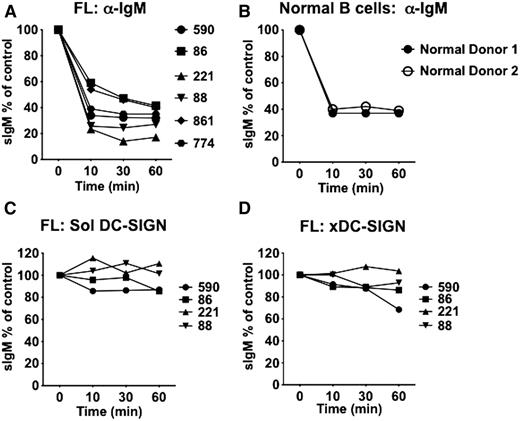 Figure 7. DC-SIGN fails to induce endocytosis of surface Ig by FL cells. Analysis of surface IgM internalization in response to DC-SIGN or anti-IgM treatments. Primary FL or normal B cells were treated on ice for 45 minutes with either soluble anti-IgM F(ab′)2 or DC-SIGN before incubation at 37°C to allow internalization. Flow cytometry was used to determine surface IgM expression over time in relation to zero time (100%). (A) FL samples treated with anti-IgM. (B) Normal B cells treated with soluble anti-IgM. (C) FL samples treated with soluble DC-SIGN. (D) FL cells treated with cross-linked (x) DC-SIGN. Expression of sIgM determined by FACS was analyzed using CellQuest.
