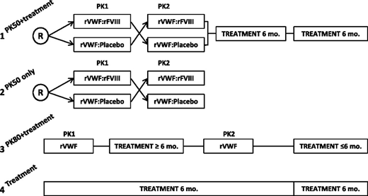Study design. Subjects were enrolled into 1 of 4 treatment arms: (1) PK50 + treatment: crossover PK at a dose of 50 IU/kg VWF:RCo followed by 12 months of on-demand bleed treatment; (2) PK50 only: crossover PK at a dose of 50 IU/kg VWF:RCo; (3) PK80 + treatment: PK at a dose of 80 IU/kg VWF:RCo repeated after 6 months, followed by 6 months of on-demand bleed treatment; and (4) treatment only: 12 months of on-demand treatment. R, randomized.