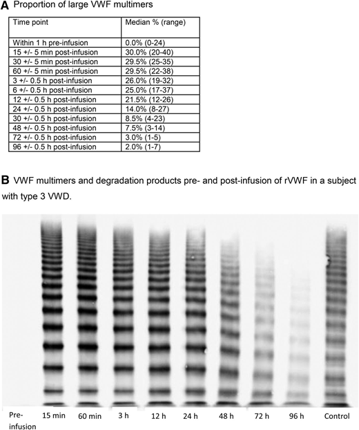 VWF multimer activity. (A) Proportion of large VWF multimers. (B) VWF multimers and degradation products pre- and postinfusion of rVWF in a subject with type 3 VWD.