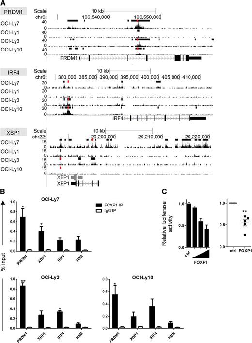 Figure 3. FOXP1 binds in the proximity of the TSS of PRDM1, IRF4, and XBP1. (A) Tracks showing locations of FOXP1 ChIP-seq peaks in the proximity of the TSS of the PRDM1, IRF4, and XBP1 genes in OCI-Ly7 and 3 other DLBCL cell lines. Called peaks are indicated by black bars above the tracks. (B) ChIP with an antibody against FOXP1 in the DLBCL cell lines OCI-LY7, OCI-LY3, and OCI-LY10, followed by quantitative PCR for regions in the proximity of the PRDM1, XBP1, and IRF4 genes in which FOXP1 ChIP-seq peaks were observed in multiple cell lines (regions are indicated in panel A by red bars above the tracks). Hemoglobin beta (HBB) was taken along as a negative control region. Means ± SEM of at least 3 independent experiments are shown. For all sites analyzed, significant differences were observed between FOXP1 and IgG immunoprecipitation (IP). Significant differences for FOXP1 binding between a specific region and the control region (HBB) are indicated (t test, *P < .05; **P < .01). Primers are listed in supplemental Table 1. (C) A luciferase-reporter construct driven by the PRDM1 promoter was cotransfected in HEK293T cells with a renilla expression vector and increasing (left) or fixed amounts (right) of a FOXP1 expressing vector (FOXP1), or with the empty control vector (ctrl). Values were corrected for renilla luminescence (transfection efficiency) and normalized to expression in control-transduced cells. Means ± SD of a representative experiment of 2 independent experiments performed in triplicate (left), or the means ± SEM of 5 independent experiments (right), are shown.