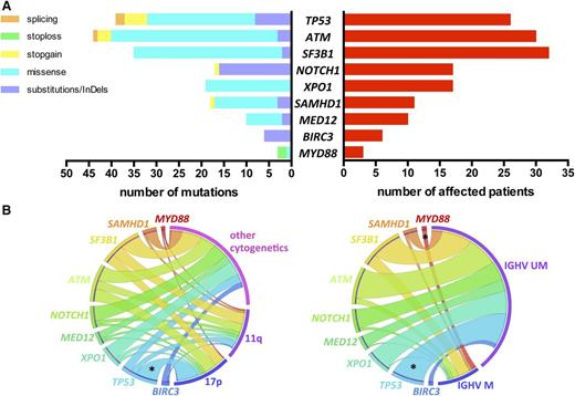 Figure 1. Incidence of gene mutations and correlation with genomic features. (A) Number and type of mutation (left) and number of affected patients (right) of each sequenced gene. (B) Circos diagrams illustrating pairwise co-occurrence of gene mutations with cytogenetics (left, n = 110 patients) and IGHV status (right, n = 96 patients). The length of the arc depicts the frequency of the marker and the width of the ribbon corresponds to the proportion of co-occurrence with the second marker. Co-occurrences among genes mutations or among cytogenetics are not shown. 17p, 17p deletion; 11q, 11q deletion; IGHV M, mutated IGHV; IGHV UM, unmutated IGHV; *P < .05.
