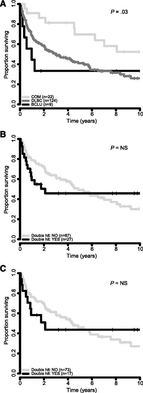 Figure 4. Survival correlates from time of transformation. (A) Survival by morphology of TFL in 155 patients. (B) Survival by double-hit translocation status in all 114 TFL cases in which BCL2 and MYC translocation status could be ascertained. (C) Survival by double-hit translocation status in 90 TFL cases with DLBCL morphology.