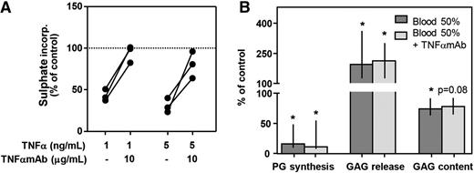 Figure 3. Antagonizing TNFα with a monoclonal antibody (TNFαmAb) cannot protect cartilage from blood-induced damage. (A) Healthy human cartilage (n = 3) was cultured for 4 days in the absence (control; dotted line) or presence of TNFα and TNFαmAb. Proteoglycan synthesis rate was determined to check the activity of the antibody. (B) Cartilage was cultured in the absence (control; 100% level) or presence of whole blood (50% v/v) with/without TNFαmAb (10 μg/mL) (n = 5). Proteoglycan turnover was determined after 12 days of recovery. *P < .05 compared with control values. No statistically significant effects between cultures with and without TNFαmAb were seen.