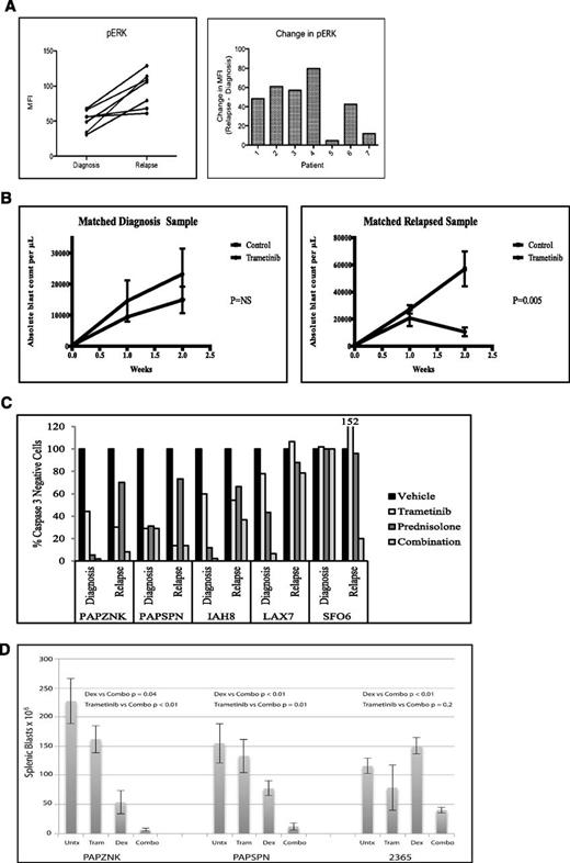 Figure 7. Primary relapse ALL samples demonstrate increased sensitivity to prednisolone upon trametinib inhibition and increased pERK levels compared to diagnosis samples. (A) Phospho flow cytometry analysis of 7 matched diagnosis-relapse primary samples for levels of pERK. A statistically significant increase (P < .0025) in phosphorylated ERK at relapse compared to diagnosis was found. (B) Absolute blast count in mice engrafted with a matched diagnosis-relapse pair treated with control vehicle or trametinib. (C) Five primary diagnosis-relapse matched pairs were treated ex vivo with trametinib, prednisolone, or combination of trametinib and prednisolone for 48 hours. The cells were stained for activated caspase 3 as a measure of cell viability by phospho flow cytometry. (D) Splenic blast count in mice engrafted with relapse samples treated with vehicle (Untx), trametinib (Tram), dexamethasone (Dex), or a combination (Combo) of trametinib and dexamethasone.