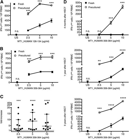 Figure 5. HD preculture enhances the recall responses of PBMCs to WT1-derived antigens. (A-B) IFN-γ T-cell responses from fresh or precultured PBMCs of 1 representative HLA–A0201-positive HSCT patient to titrated amounts of the peptide WT1_HUMAN 126-134 or WT1_HUMAN 356-364, respectively. Unpaired Student t test: ***P < .0005. Data represent mean ± SD for triplicate samples. The experiment presented in (A) was repeated for 2 different patients. (C) Compiled data from Figure 4B from 11 patients. Average time between stem cell transplantation and sampling: 814 days; from 166 to 2372 days. Data are presented as in Figure 2B. Raw data: supplemental Figure 5D. Mann-Whitney U test: ***P < .0005; ****P < .0001. Data represent median with IQR. (D) Improved monitoring of anti–WT1-directed T-cell responses from an HLA–A0201-positive patient 4 months (top), 1 year (middle), and 5 years (bottom) after HSCT upon HD preculture of PBMCs. Unpaired Student t test: **P < .005; ***P < .0005; ****P < .0001. Data represent mean ± SD for triplicate samples. n.s., not significant.