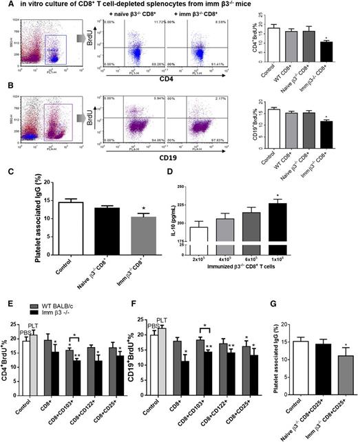 Figure 6. CD8+ Tregs from immunized β3−/− mice inhibit the adaptive antiplatelet immune response in vitro. For proliferation assays, purified splenic CD8+ T cells or CD8+ Tregs from WT, naïve β3−/−, or WT platelet immunized β3−/− mice were added to CD8+ T cell–depleted splenocytes in the presence of 1 × 107 WT platelets per well to induce T- or B-cell proliferation. Control cells were CD8+-depleted splenocytes with PBS or platelets (PLT) as indicated. Both immunized β3−/− CD8+ T cells and CD8+ Tregs inhibited (A,E) CD4+ T-cell proliferation, (B,F) CD19+ B-cell proliferation, and (C,G) platelet-associated IgG production. (D) Immunized β3−/− CD8+ T cells also inhibited IL-10 cytokine production dose dependently. N = 8. Imm, immunized. *P < .05, **P < .01. Mean ± SEM.