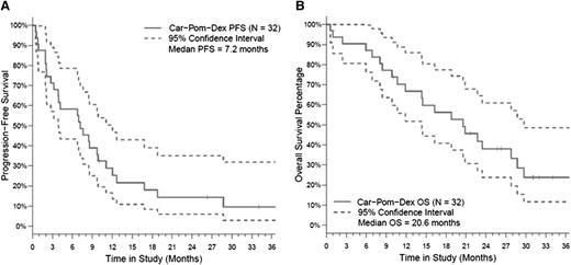 Figure 2. Survival in the overall study population. (A) PFS and (B) OS in the overall study population (n = 32).
