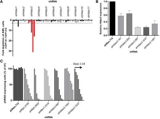 Figure 1. RNAi-mediated screen of all 11 classical Hdac isoforms in AML cells (MLL-AF9;NrasG12D) demonstrates a unique dependency on Hdac3 expression. Eleven Hdac isoforms were depleted in MLL-AF9;NrasG12D AML using multiple shRNAs per Hdac. Transduced AML cells (GFP+, shRNA-expressing) were mixed with nontransduced cells and followed for 10 days for cell representation by flow cytometry. (A) Relative depletion of GFP+ AML cells following constitutive (pLMN) depletion of individual Hdacs during 10 days of serial culture (Hdac3 shown in red). Data are plotted as fold change (GFP% day 2/GFP% day 12). A single experimental screen was undertaken with 4-5 distinct shRNAs per gene represented by individual bars. Dotted line depicts a 3-fold depletion cut off. (B) The efficiency of Hdac3 knockdown in AML cells was validated by qRT-PCR (day 2). Results were normalized to glyceraldehyde-3-phosphate dehydrogenase, whereas relative messenger RNA level in control cells (shRen.713) was set to 1 (n = 3-4 independent biological replicates). Data are presented as mean ± SEM. (C) Dox-inducible depletion of Hdac3 in AML. Each series of bars demonstrates a time course: days 1, 2, 4, 6, 8, 10, 12, and 14. The percentage of shRNA- expressing cells (Venus+/dsRed+) was normalized to day 1. Data are representative of a single experiment using 3 individual shRNAs to Hdac3 (shHdac3.987, shHdac3.1491, shHdac3.1037). Established control shRNAs to Myc, Myb, and MLL/AF9 cofactor Men1 were included for comparison.