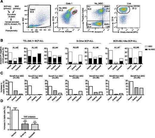 Figure 6. TNT signaling is important for the survival of primary BCP-ALL cells. (A) Flowchart and flow cytometric gating strategy used to study the effect of TNTs on BCP-ALL cell survival. Cocultures of CD19positive leukemic cells and CD19negative MSCs were stained with Brilliant Violet 421 anti-human CD19 antibody, FITC Annexin V, and PI. MSCs were excluded (red gate), and the percentage of viable BCP-ALL blasts (AnnexinVneg/PIneg/CD19pos cells) was determined within the MSC-negative fraction. (B) Percentage of viable primary leukemic patient cells (n = 3 TEL-AML1, n = 2 B-Other, n = 2 BCR-ABL1-like) in monoculture (▪) or coculture with patient MSCs (□) after 5-day coculture. (C) The survival benefit for primary leukemic patient cells (n = 3 TEL-AML1, n = 2 B-Other, n = 2 BCR-ABL1-like) in coculture with patient MSCs. (D) The mean survival benefit for primary leukemic patient cells in coculture with patient MSCs (n = 7; 1-tailed t test, paired). Data are means ± SEM; ***P ≤ .001.