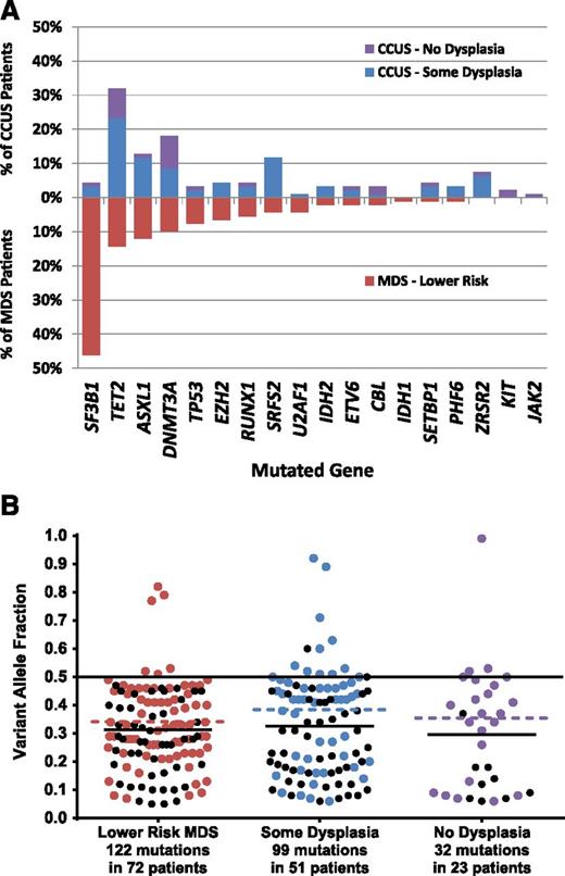 Figure 3. Mutations and VAFs in retrospective study groups. (A) The frequency of mutations in each gene listed on the x-axis is shown for retrospective cohort patients with MDS (red bars in lower half) and CCUS, separated by whether dysplasia was seen in the bone marrow or not (blue and purple bars, respectively, in upper half). (B) Variant allele fractions by diagnostic group. The VAF for each mutation identified in the retrospective MDS and CCUS groups is shown. Colored dots represent the highest VAF found in a patient whereas black dots represent mutations with VAFs less than the maximum for a given patient. The colored dotted lines represent the mean of the highest VAFs (colored dots) whereas solid black lines represent the mean of all mutations (colored and black dots).