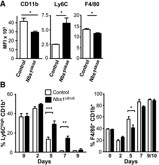 Figure 3. Impaired differentiation in macrophages from Nbs1∆B/∆B mice. Macrophages were differentiated from the BM of WT and Nbs1∆B/∆B mice, and the surface expression of differentiation markers was determined by using antibodies and flow cytometry. (A) After 6 days of differentiation, cells were stained. (B) Time course of differentiation of Ly6ChighCD11b+ and F4/80+CD11b+ cells. Each experiment was performed in triplicate and the results are shown as mean ± SD. All assays are representative of at least 4 independent experiments showing similar results. *P < .05, **P < .01, and ***P < .001 in relation to the controls when all the independent experiments had been compared.
