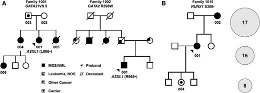 Figure 1. Familial MDS/AML pedigrees. (A) Partial pedigrees of families 1001 and 1002 with GATA2-associated MDS/AML; complete pedigrees are provided in supplemental Figure 1. Subjects who provided samples for sequencing are indicated by numerals. GATA2 genotypes are provided in Table 1. Two individuals with MDS acquired somatic ASXL1 mutations, as shown. (B) Partial pedigree of family 1015 with RUNX1-associated MDS/AML (left); complete pedigree is provided in supplemental Figure 1. The number of somatic variants (SNVs, indels) detected by exome sequencing in the 3 individuals (indicated by numerals in the pedigree) is shown in the circles (right). The size of the circles is proportional to the median VAFs of somatic SNVs in each case. NOS, not otherwise specified.