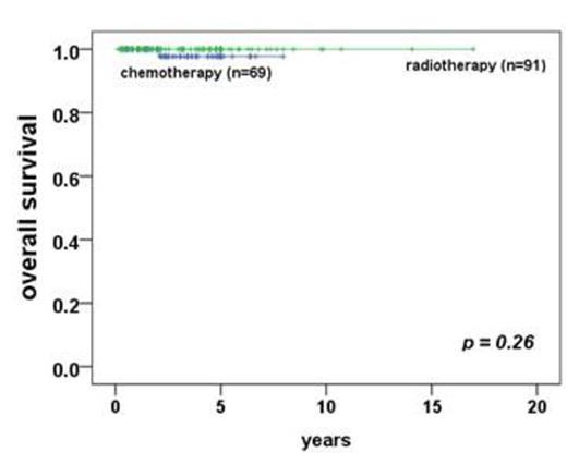 Figure 1. *event-free survival / overall survival between primary chemotherapy group and patients with radiotherapy * event: from partial response to progressive disease after completion of primary treatments, or death.