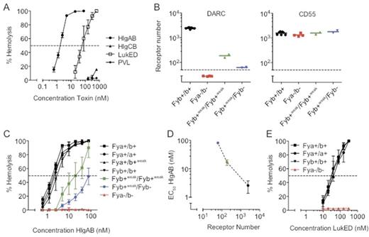 Figure 1. Hemolytic activity of HlgAB and LukED depends on DARC.