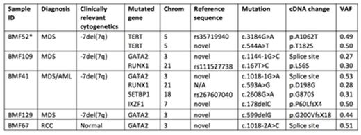 Figure 1. Mutations detected in pediatric subjects with GATA2-MDS. / RCC=refractory cytopenia of childhood, NK=normal karyotype, VAF=variant allele frequency. / *This subject has a known 3MB hemizygous deletion in GATA2 that, as expected, was not detected by the Agilent NGS platform