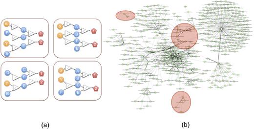 Figure 1. (a) A REFS model consists of an ensemble of causal networks (b) Consensus (average) causal network topology for the CoMMpass IA7 model, with key outcome variables highlighted