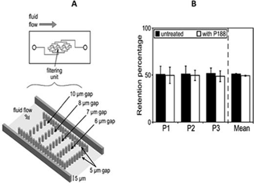 Figure 2. P188 treatment does not change SCA-RBC deformability. (A) Design of the microfluidic chip containing eight filtering units organized in parallel. Each filtering unit has a height of 5 µm and pillars are organized to allow an escape route of 20 µm around the unit to avoid occlusion. The surrounding pillars line has 5 µm slits. (B) Retention percentage of untreated and P188-treated SCA-RBC in 5 µm slits. Histograms represent mean of 5 µm slits from the 8 filtering units in one chip expressed in percent of total trapped RBCs for three patients.
