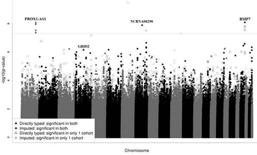 Figure 1. Manhattan plot of meta-analysis for osteonecrosis risk in children <10 years old