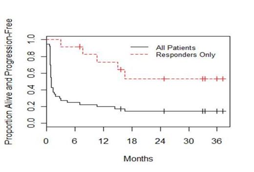 Figure 1. Progression free survival overall and for responders, N=40 patients.