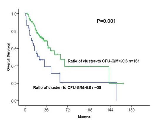 Figure 1. Overall survival in subjects with cluster- to CFU-G/M ratios ¡Ü or > 60%.