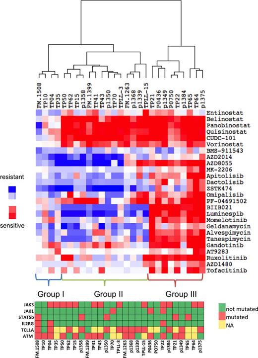 Figure 1. Mutation status and clustering of HDAC-, PI3K/mTOR/Akt-, HSP90-, and JAK-inhibitor responses in PLL patients based on sDSS values