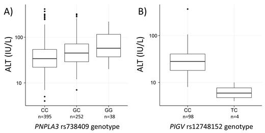 Figure 1. Alanine transaminase (ALT) levels by PNPLA3 or PIGV genotype