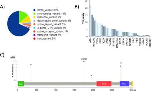 Figure 1. Next generation DNA sequencing of canine TCL . A. Coding consequences by variant type. B. All gene variations by frequency C. Mutation map of ATM.