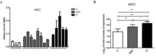 Figure 1. ABC2 relative gene expression levels in three groups of C.krusei clinical isolates. (A) Relative levels of ABC2 mRNA in all the C.krusei clinical isolates. ABC2 gene expression levels was quantified and normalized relative to the housekeeping gene, ACT1; S, itraconazole-susceptible; SDD, itraconazole-susceptibledose dependent; R, itraconazole-resistant. (B) Log10+3 fold increase of gene expression levels in three groups. (*P<0.05 in R compared with SDD; **P<0.01 in SDD with S; ***P<0.001 in R with S)