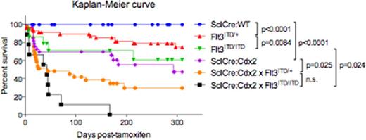Figure 1. Survival curves for SclCreERT:WT, Flt3ITD/+, Flt3ITD/ITD, SclCreERT:Cdx2, SclCreERT:Cdx2xFlt3ITD/+ and SclCreERT:Cdx2xFlt3ITD/ITD mice.