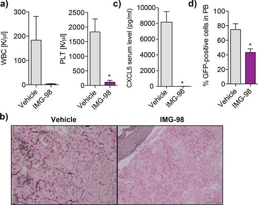 Figure 1. a, b). LSD1 inhibition results in reduced white blood cell counts (WBC) and platelet counts (PLT). (a), and in near-complete elimination of BM fibrosis (b). c) Profound reduction of Cxcl5 serum levels in IMG-98 treated mice compared to vehicle treated mice. d) Significantly lower mutant allele burden in the peripheral blood of IMG-98 treated mice. * P<0.05, n =5.