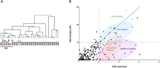 Figure 1. (A) Unsupervised hierarchical clustering based on drug sensitivity scores (DSS) of NK, AML, CML and T-ALL cell lines. (B) Scatter plot comparing DSS of malignant NK cell lines (average) and healthy IL-2 stimulated NK cells.