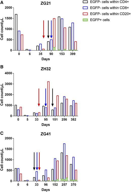 Figure 6. Lymphocyte recovery posttransplant. (A-C) CD4 (black), CD8 (blue), and CD20 (red) lymphocyte recovery and EGFP expression (green) for the 4Gyx2 TBI transplanted monkeys over time. The colored arrows represent the first detectable appearance of their respective EGFP+ subset.