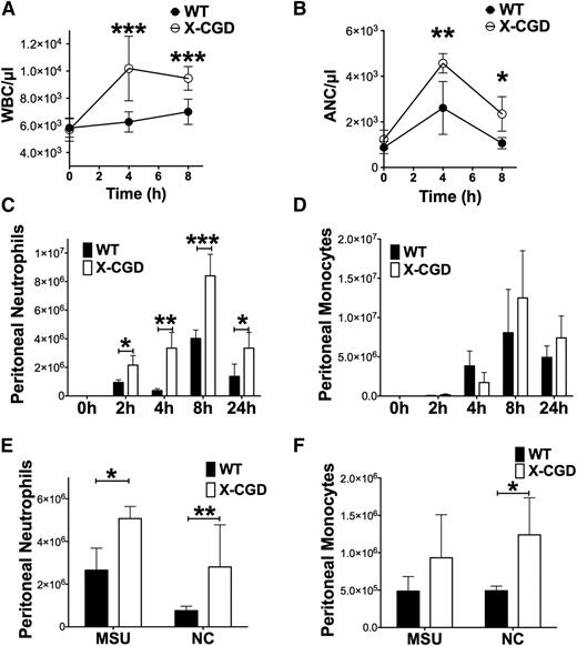 Figure 1. X-CGD mice exhibited enhanced response to sterile tissue injury. (A) Total WBC counts and (B) ANCs was determined in peripheral blood of WT and X-CGD mice 4 and 8 hours postperiodate injections (n > 9 in each group from ≥3 separate experiments). (C) Peritoneal neutrophils (Ly6G+, Ly6Cint) and (D) peritoneal monocytes (Ly6G−, Ly6Chi/int) were identified by flow cytometry in mice sacrificed 2 hours, 4 hours, 8 hours, or 24 hours postperiodate challenge. Data are presented as mean ± standard deviation and P values for each time point were determined using the Student t test. *P < .05, **P < .1, ***P < .001. Other mice were challenged i.p. with MSU or NC. (E) Peritoneal neutrophils and (F) monocytes were enumerated after 4 hours. Combined total of n = 6 mice in each group from 2 separate experiments. Data are presented as mean ± standard deviation and statistical differences calculated at each time point using the Student t test. *P < .05, **P < .01, ***P < .001. NC, necrotic cell lysate; WBC, white blood cell.