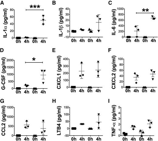 Figure 2. Peritoneal IL-1α, IL-6, and G-CSF were significantly upregulated in X-CGD mice. (A-I) Multiplex cytokine array analysis of lavage fluid from peritoneal cavities in WT (▪) and X-CGD mice (□) obtained 4 hours postperidoate i.p. (H) Lavage fluid was also analyzed for LTB4 by ELISA. Data from 1 of 2 representative experiments with n = 3 mice per group are presented as mean ± standard deviation. Data were analyzed using 1-way ANOVA and adjusted P values after Tukey correction are shown. *P < .05, **P < .01, ***P < .001. ANOVA, analysis of variance.