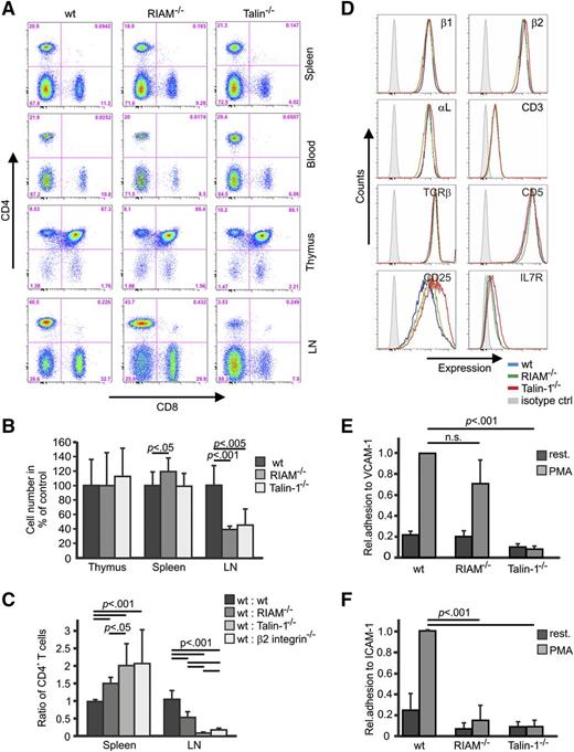 Figure 5. RIAM−/− T cells display defective β2 and β1 integrin functions. (A) Distribution of CD4 and CD8 T cells in different tissues derived from wt, RIAM−/−, and talin-1fl/flCD4Cre+ mice. Life cells were gated and analyzed for CD4 and CD8 expression. (B) Cellularity of thymus, spleen, and LNs of the indicated genotypes, shown relative to wt (n ≥ 4 mice). (C) Cell Trace carboxyfluorescein diacetate succinimidyl ester (CFSE) and Far Red–stained splenocytes from wt or RIAM−/−, talin-1−/−, and β2 integrin−/−−/− mice were IV injected into wt recipients at a 1:1 ratio and the ratio of mutant to wt CD4-positive cells in spleen and LN was determined by FACS (n = 12, 9, 9, 6 mice). (D) Representative FACS blots showing surface levels of β1 integrin, β2 integrin, αL integrin, CD3, TCRβ, CD5, CD25, and IL7R on ConA-activated and CD4-positive wt (blue), RIAM−/− (green), and talin-1−/− (red) T cells. Isotype staining is shown in light gray. (E-F) Static adhesion of untreated and PMA-treated, ConA-stimulated, and CD4-positive wt, RIAM−/−, and talin-1−/− T cells on ICAM-1 and VCAM-1, respectively, relative to wt PMA-treated T cells (n = 3 independent experiments). Adherent cells were stained with crystal violet and the staining intensity was measured at OD of 595 nm. Data are shown as mean ± SD. P values indicate significant differences and were calculated with the Student t test.
