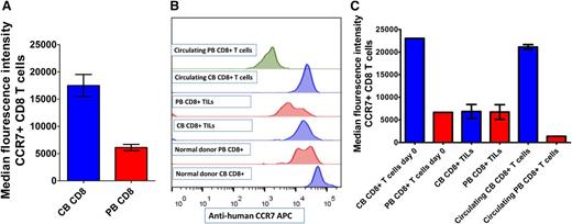 Figure 5. CCR7 enriched CB CD8+ T cells have enhanced tumor-homing ability. (A) Normal donor CB CD8+ T cells have significantly higher expression of CCR7 compared with normal donor PB CD8+ T cells (expressed as mean and standard error of mean; n = 3 in each group; P < .005). (B) Offset histogram plot and (C) cumulative bar plot (mean and standard error of mean) showing fluorescence intensity of CD8+ T cells from normal donors and TILs and in circulation. This figure indicates that CCR7highCD8+ T cells are primarily recruited to the tumor in both groups (P = not significant), and in the PB group, CCR7lowCD8+ T cells remain in circulation (P < .01), indicating a role of CCR7-mediated chemotaxis in this tumor model.