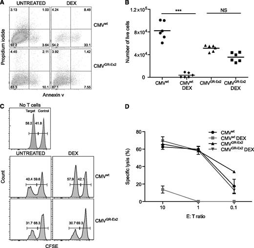 Figure 4. Resistance to DEX and cytolytic activity of TALEN-modified CMV-specific CD8+ T cells. (A) Apoptosis of CMV-specific T cells (CMVwt) and CMV-specific TALEN-modified T cells (CMVGR-Ex2) measured by annexin V and propidium iodide staining after 72 hours in the presence of DEX (10−4 M). (B) Absolute number of live cells after 72 hours of DEX treatment measured by anti-CD8 staining and cell-counting beads. (C) Antigen-specific killing assay using CFSE-labeled target cells. The T2GR-Ex2 cell line was pulsed with the pp65 (NLV) viral peptide for 1 hour and CFSE labeled prior to coculture with CMV-specific T cells under DEX for 72 hours. (D) Dose response of specific cytolytic activity under DEX. Data are represented as means ± standard deviation from 3 independent experiments; statistical analysis was performed by 1-way ANOVA (***P < .001). E:T, effector/target; NS, not significant.