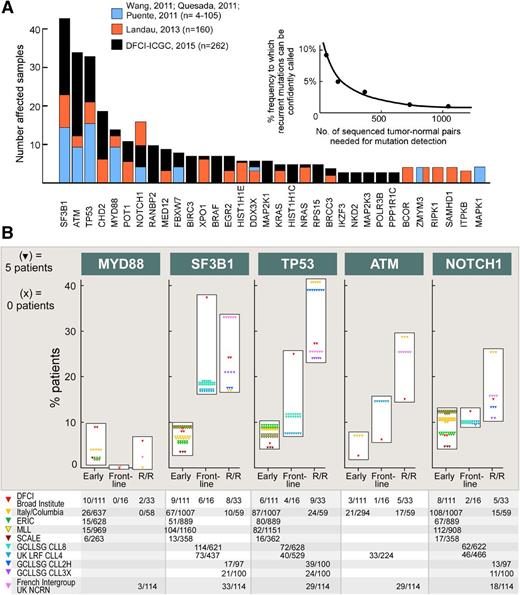 Figure 1. The mutational landscape of CLL. (A) The discovery of recurrently CLL mutated genes has become more sensitive with increased cohort size, with the estimated sensitivity calculated through saturation analysis6,12,26; (B) Frequency of gene mutations depending on the course of the disease. “Early” (newly diagnosed and untreated patients); “Frontline” (untreated patients with symptomatic CLL requiring therapy); and “R/R” (relapsing or refractory patients). Unselected cohorts have been included from: DFCI/Broad Institute,12 Amedeo Avogadro University of Eastern Piedmont, Novara and Sapieza University (Rome, Italy)/Columbia University (New York)27; ERIC 28; MLL29; and SCALE.30 Reported are also series from clinical trials: UK LRF CLL431,32; GCLLSG CLL8,33 CLL2H,34 and CLL3X35; GCFLLC/MW-GOELAMS ICLL01, and UK NCRN CLL201 and CLL202.36 DCFI, Dana-Farber Cancer Institute; ERIC, European Research Initiative on CLL; GCFLLC/MW-GOELAMS, French CLL Intergroup; GCLLSG, German CLL Study Group; MLL, Munich Leukemia Laboratory; SCALE, Scandinavian Lymphoma Etiology; UK LRF, United Kingdom Lymphoma Research Foundation; UK NCRN, United Kingdom National Cancer Research Network.