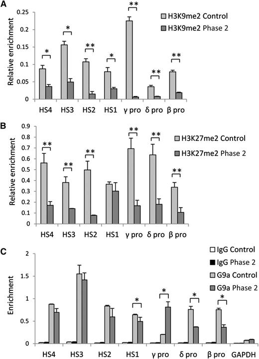 Figure 3. G9a methyltransferase activity is required for H3K9me2 and G9a distribution in the β-globin locus. (A) H3K9me2, (B) H3K27me2, and (C) G9a occupancy determined by ChIP at LCR HS sites and γ-, δ-, and β-globin gene promoters in control and phase 2–treated cells at culture day 14. Error bars indicate SEM; n = 3 independent donors for each condition. Values are compared with the value for control. *P < .05, **P < .01 by Student t test.