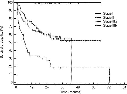 Survival of 230 patients with AL amyloidosis treated with CyBorD according to cardiac stage based on cardiac biomarkers: NT-proBNP (cutoff 322 ng/L) and troponin cTnT (cutoff 0.035 ng/mL), or cTnI (cutoff 0.1 ng/mL). Stage I, normal biomarkers; stage II, one marker above the cutoff; stage IIIa: both markers above the cutoff but NT-proBNP ≤8500 ng/L; and stage IIIb: NT-proBNP >8500 ng/L. See Figure 1B in the article by Palladini et al that begins on page 612.